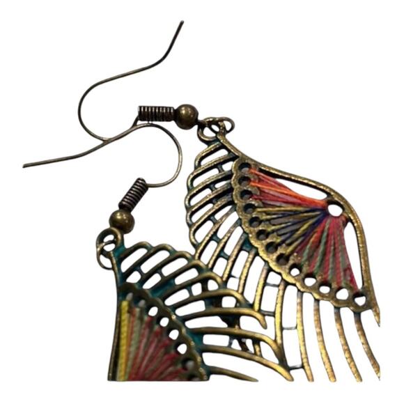 Bohemian Feather Wing Colored Beads And Green Patina On Brass Earrings - Picture 7 of 12